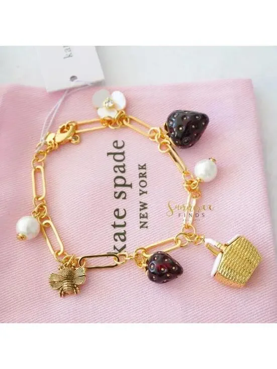 Kate Spade Picnic Perfect Charm Bracelet Strawberry Basket Bee Flower NWT - Picture 8 of 10